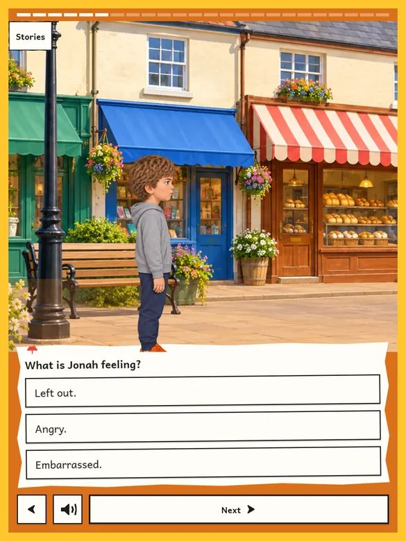 A real Wrenfield story screen asks what Jonah is feeling: left out, angry or embarrassed